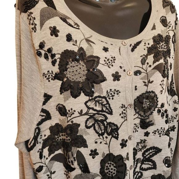 Victor Costa • Gray Floral Sequence Silk Blend Cardigan Sweater Size L - Picture 3 of 6